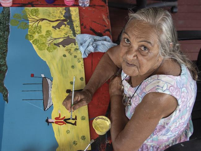 Grace Rosendale with her Captain Cook art at Nganthanun Bamawi Bayan Gallery in Hopevale. Picture: Brian Cassey