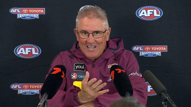 Chris Fagan lauds Joe Daniher at the Lions press conference.