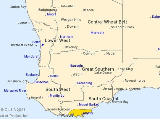 The area affected by the storms is highlighted in yellow. Picture: Bureau of Meteorology