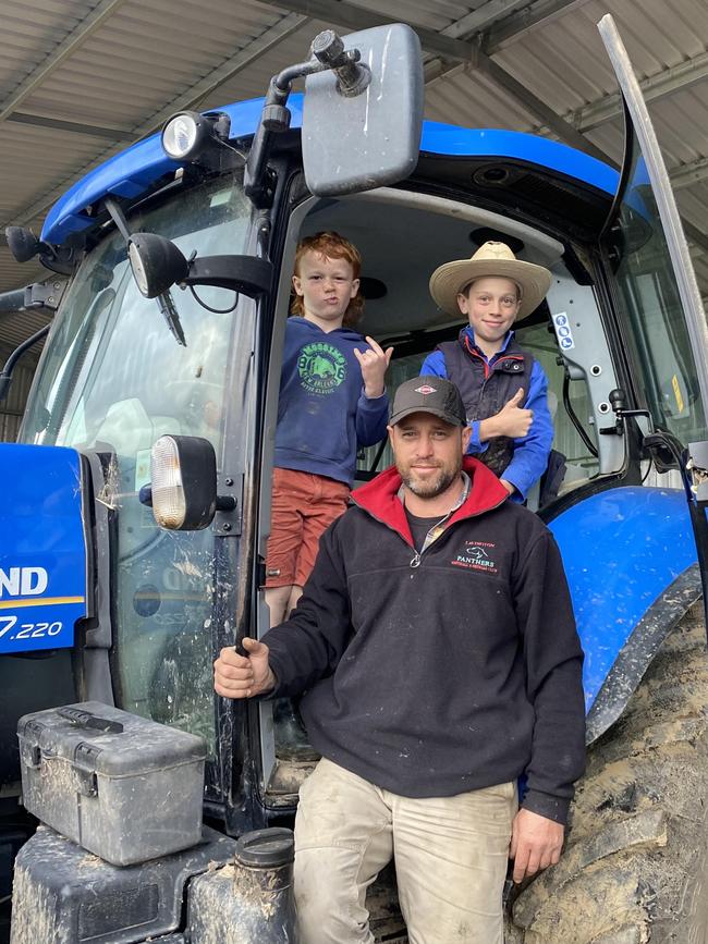 Lavington 2005 premiership hero and Upper Murray farmer Darryn McKimmie with sons Brax, 6, and Lachy, 10. Picture: Supplied