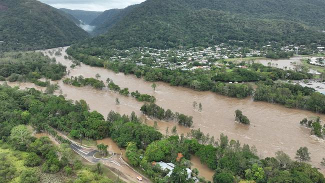 The Barron River in Cairns, Far North Queensland, has reached a record flood peak, with roads closed and homes flooded in the catchment area. Flood waters lap at the Kamerunga bridge on the Western Road, and despite the bridge remaining open, road access is still cut to the northern beaches of Cairns. The record flooding has been caused by ex Tropical Cyclone Jasper, which made landfall on December 13. Picture: Brendan Radke