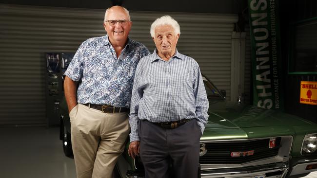 Former Mercury reporter, and later Day Editor, Ross Gates and Frank Manley, 94, with his H.Q Monaro G.T.S Coupe that survived the Tasman Bridge disaster 50 years ago. Ross interviewed Frank on the bridge the night of the disaster. Picture: Nikki Davis-Jones