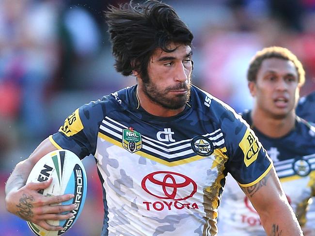 NEWCASTLE, AUSTRALIA - APRIL 25: James Tamou of the Cowboys runs the ball during the round eight NRL match between the Newcastle Knights and the North Queensland Cowboys at Hunter Stadium on April 25, 2015 in Newcastle, Australia. (Photo by Tony Feder/Getty Images)