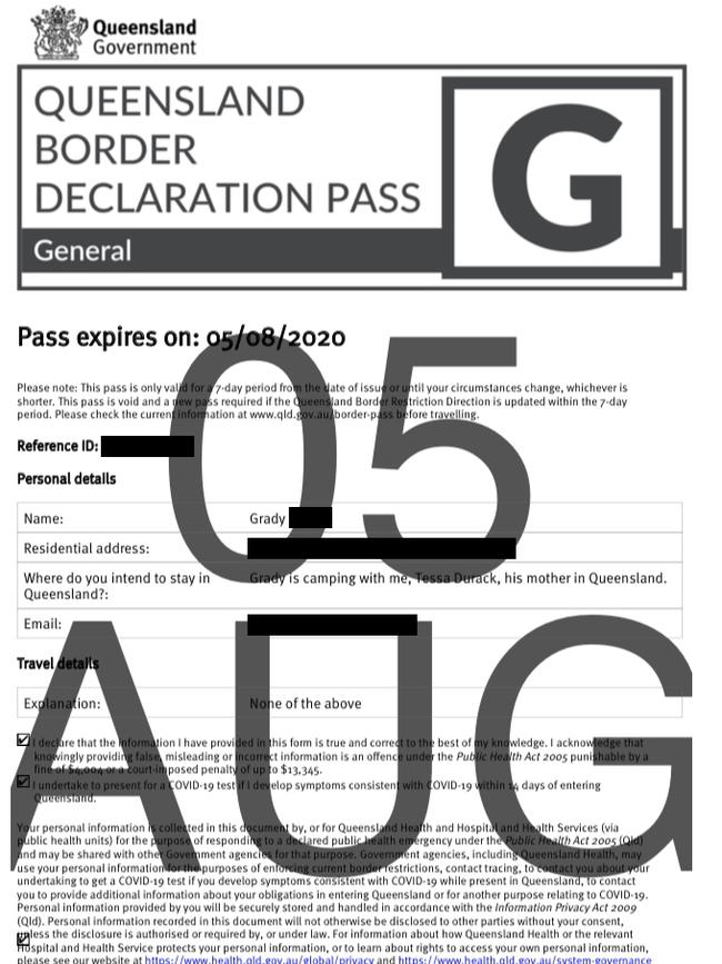 Tess and Grady’s Queensland border permit.