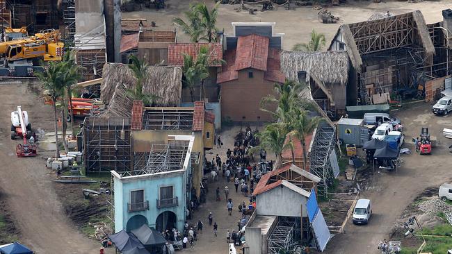 Actors and film crew on the set of Pirates of the Caribbean 5.