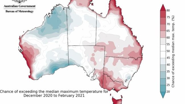 Chance of exceeding the median maximum temperature over summer. Picture: Bureau of Meteorology