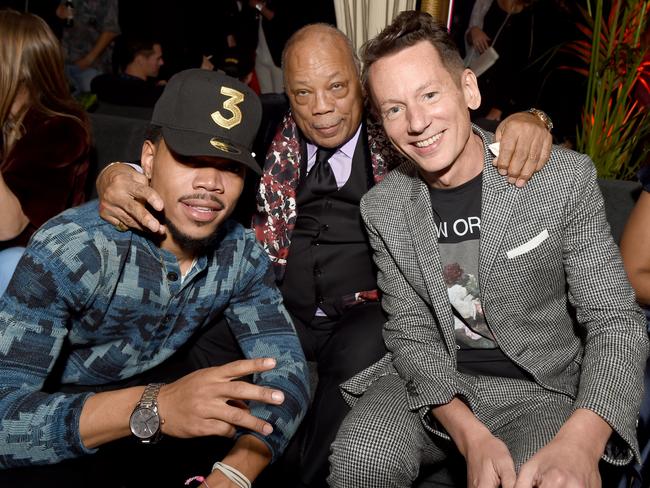 Chance the Rapper, iconic producer Quincy Jones and US GQ editor-in-chief Jim Nelson partied after the Grammys. Picture: Getty