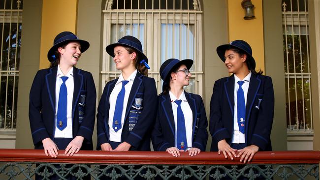 Brisbane Girls Grammar School 2021 Year 12 students Catriona Brown, Emily Wilson, Mia Combis and Annika Nayak. Picture David Clark