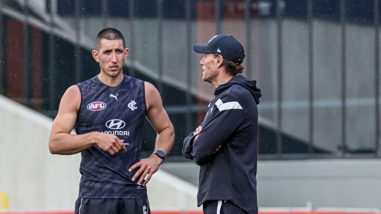 Jacob Weitering and Brad Ebert at Carlton training. Picture: Supplied