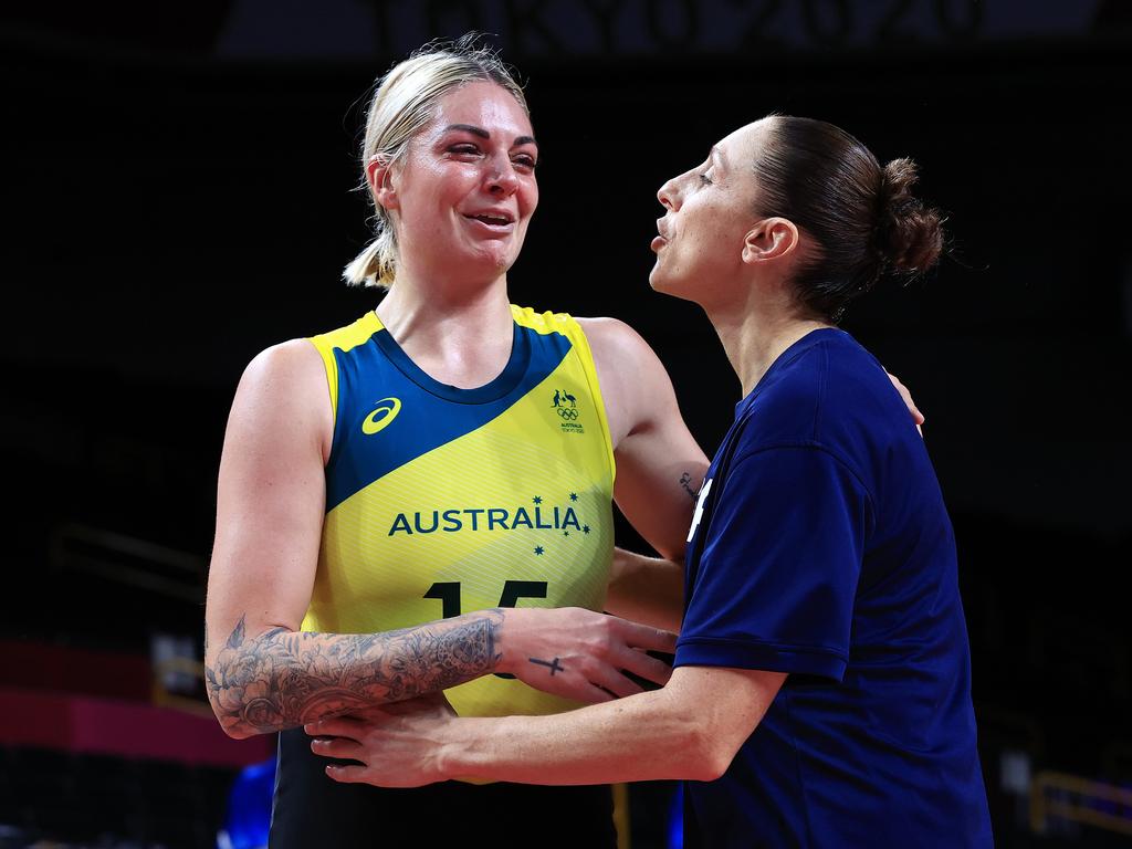 An upset Cayla George is consoled by Diana Taurasi after a loss to the USA in the Tokyo Olympics quarter final. Picture: Adam Head