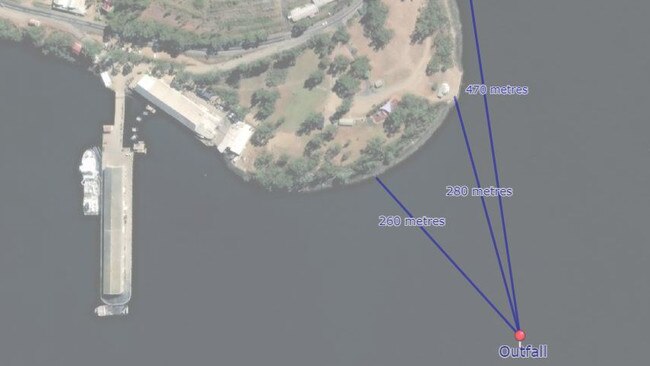 Location of TasWater's new sewage effluent outfall at Shipwrights Point in Port Huon, 470m away from a nearby recreation area and jetty. Picture: supplied.