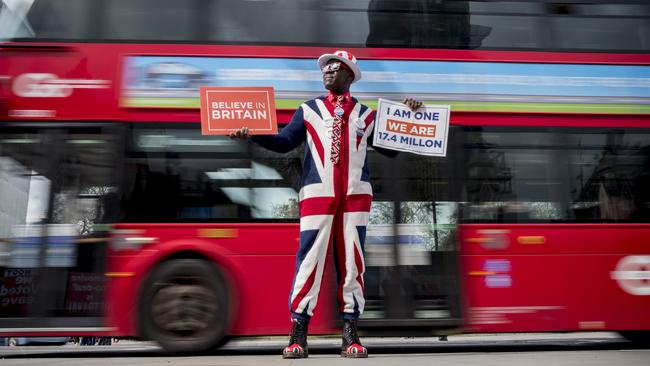 A pro-Brexit campaigner near the Houses of Parliament in April. Picture: AFP