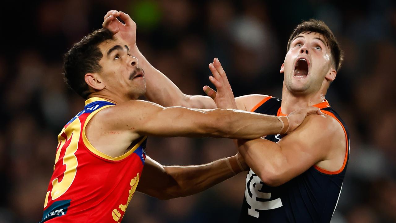 Charlie Cameron got the better of Nic Newman on Friday night. Picture: Dylan Burns/AFL Photos via Getty Images