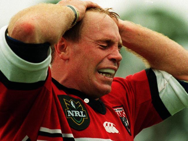 Greg Florimo shows his despair after the Bear's defeat following Norths v Newcastle NRL game at North Sydney Oval, 15/03/98.Rugby League