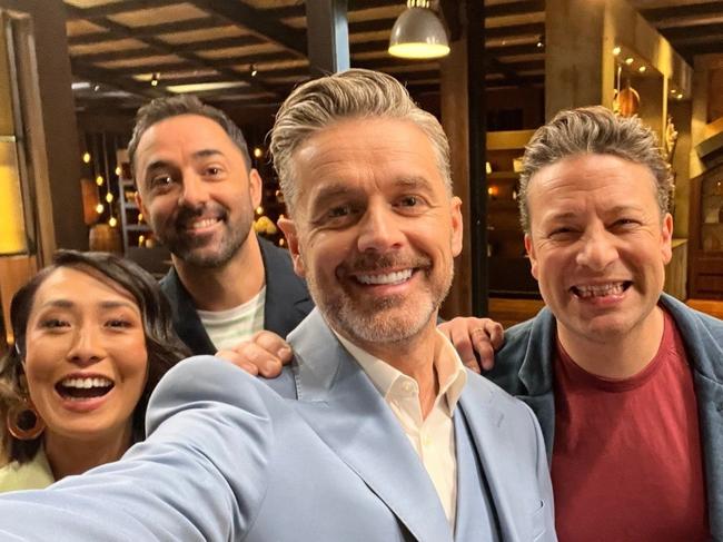 Chef Jamie Oliver appears on the first episode of MasterChef with judges Jock Zonfrillo, Andy Allen and Melissa Leong.