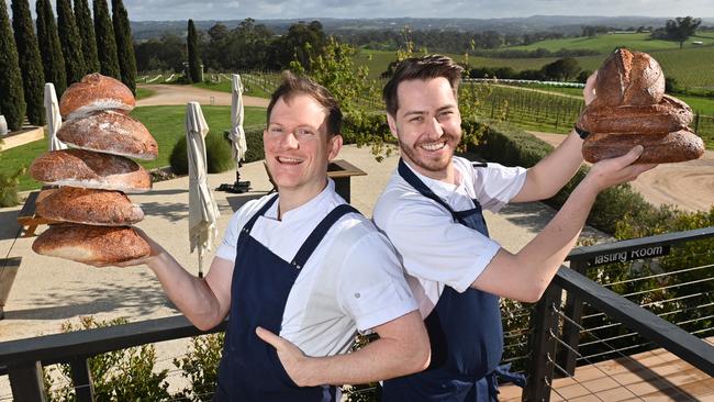 The Lane Vineyard chefs Tom Robinson (head chef) (left) and Cameron Ahl (senior sous chef) (right) with Lane's Sourdough – they won the "Best Bread" award in the Delicious 100 list of SA's best restaurants. Picture: Keryn Stevens