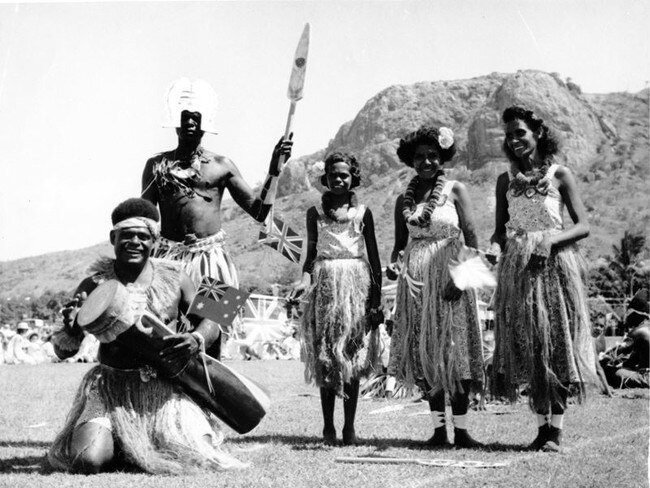 Palm Islanders participating in the civic reception for Queen Elizabeth II and Prince Philip at the Sports Reserve, Townsville, March 1954. Picture: Townsville CityLibraries