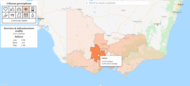 Hover over an area of the map to see average satisfaction rate for that key topic, in this example ‘community safety’. The 'services and infrastructure reality' box shows the 'live', 'work' and 'play' scores for that region.