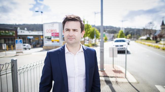 Kingborough Mayor Dean Winter with the Kingston Main Rd streetscape in background. Picture: RICHARD JUPE