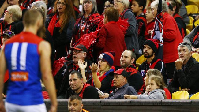 Max Gawn stares down Essendon fans after kicking a goal. Picture: Getty