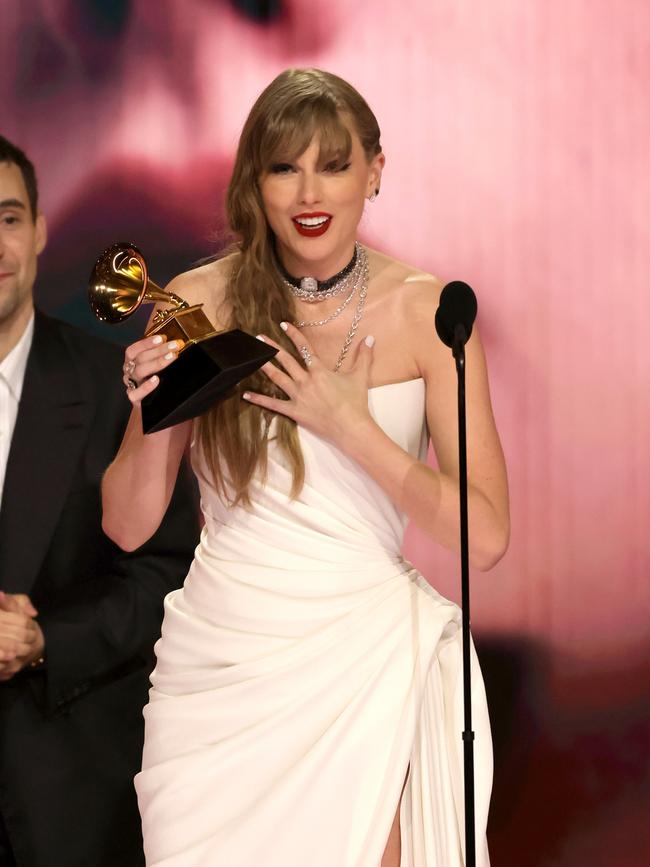 Swift accepting a Grammy Award in February. Picture: Getty Images