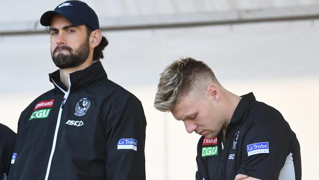 Grundy (L) and De Goey (R) both played in Collingwood’s 2018 Grand Final side. Picture: Julian Smith / AAP