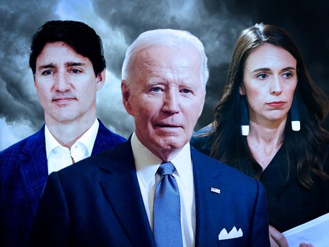 27 January 2025; A collage of sad looking political leaders, Joe Biden, Justin Trudeau and Jacinda Ardern. Sources: AFP and Pexels. Artwork by Frank Ling. Ratio 4:3 or 16:9. For DIGITAL.