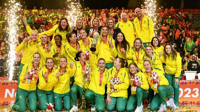 CAPE TOWN, SOUTH AFRICA - AUGUST 06: Australia crowned champions during the Netball World Cup Medal Presentation at Cape Town International Convention Centre, Court 1 on August 06, 2023 in Cape Town, South Africa. (Photo by Ashley Vlotman/Gallo Images/Netball World Cup 2023 via Getty Images)