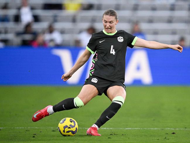 Clare Hunt passes the ball during the Matildas’ 2-1 loss to Colombia. Picture: Orlando Ramirez/Getty Images/AFP