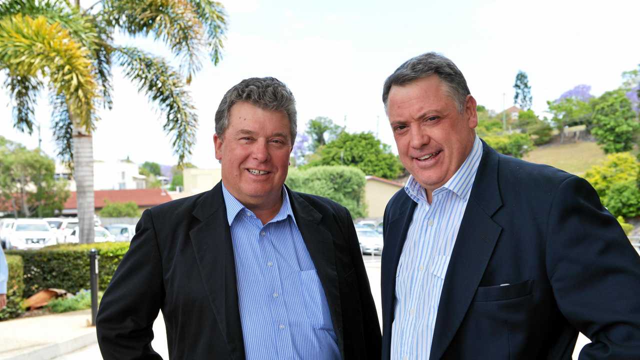 ON A MISSION: Brian Tessman with Adrian Peake at the Queensland Dairy Organisation conference at the Gympie Civic Centre. Picture: Greg Miller