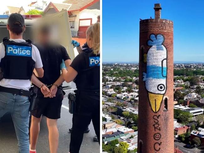 Police have released footage of a man being arrested in connection with Melbourne's iconic 'Pam the Bird' graffiti.