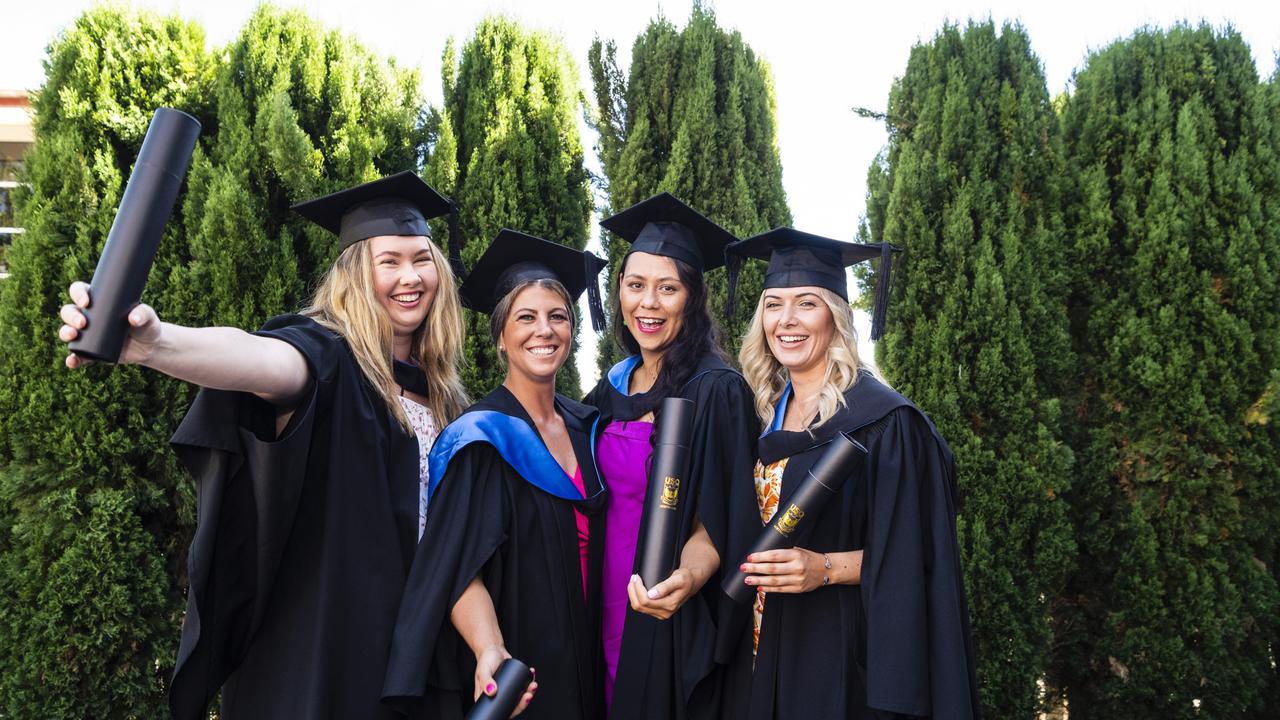 Bachelor of Nursing graduates (from left) Stacey Spencer, Natasha May, Wenonah Byrne and Sarah Atkinson at the UniSQ graduation ceremony at Empire Theatres, Wednesday, December 14, 2022.