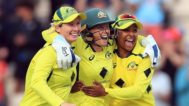 The Australian women’s cricket team celebrate retaining the Ashes. Picture: Bradley Collyer / PA Wire