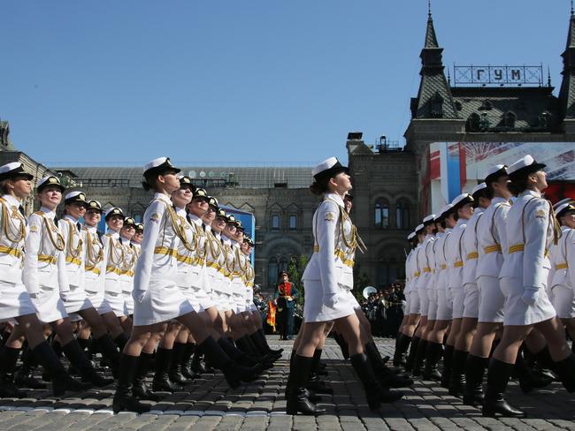 Female servicemen of the Military University of the Russian Ministry of Defence march in formation during a Victory Day military parade marking the 71st anniversary of the Victory over Nazi Germany in World War II, in Moscow's Red Square in March this year. Picture: Mikhail Metzel