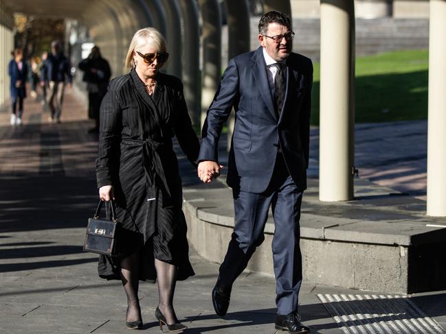 Catherine and Daniel Andrews at the memorial service for Harold Mitchell. Picture: Diego Fedele