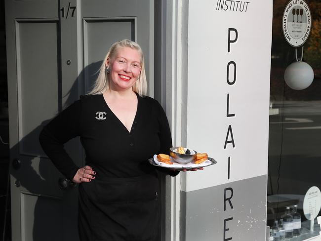 Louise Radman co-owner of Institut Polaire with one of the caviar dishes on offer. Caviar experience at Institut Polaire in Hobart. Picture: Nikki Davis-Jones