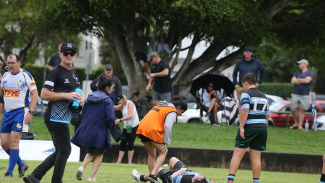 Day 1 of the King of the Country junior rugby union tournament at the Gold Coast Eagles Rugby Union Club.Maroochydore Swans (BLUE AND BLACK) vs USQ Saints (Blue ) Maroochydore Player No USQ Player No Pic Mike Batterham