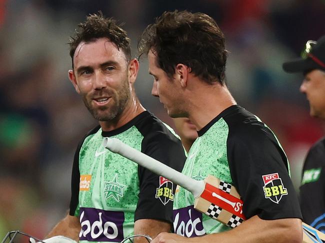 MELBOURNE, AUSTRALIA - JANUARY 04: Glenn Maxwell and Hilton Cartwright of the Stars walk off the field following the team's victory winning the BBL match between Melbourne Stars and Melbourne Renegades at Melbourne Cricket Ground, on January 04, 2025, in Melbourne, Australia. (Photo by Mike Owen/Getty Images)