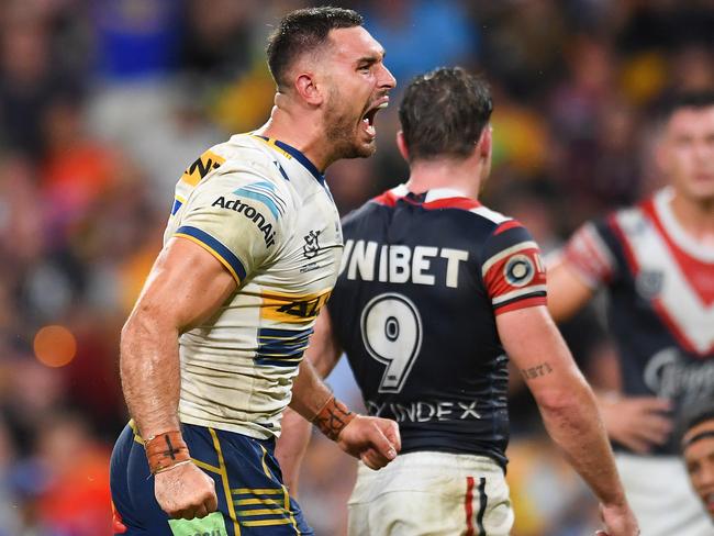 BRISBANE, AUSTRALIA - MAY 15: Ryan Matterson of the Eels celebrates scoring a try during the round 10 NRL match between the Sydney Roosters and the Parramatta Eels at Suncorp Stadium, on May 15, 2022, in Brisbane, Australia. (Photo by Albert Perez/Getty Images)