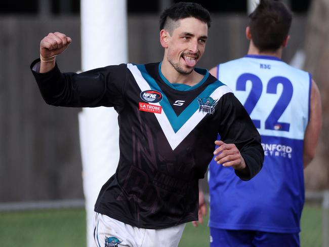 NFL : Reservoir v Laurimar at Crispe Park in Reservoir 03 July 2021.  LaurimarÃs no 10 celebrates his goal. Picture : George Salpigtidis