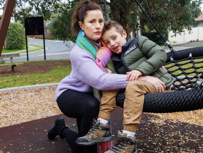 21/06/2024 Maddie Francis pictured with her autistic son Ashton (8) at their local un-fenced playground in Macleod. Maddie has started a petition to urge Banyule and other city councils to completely fence more playgrounds to help protect special needs children. Aaron Francis / Herald Sun