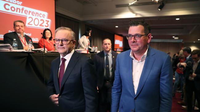 Dan Andrews and Anthony Albanese at the Victorian Labor Party conference at Moonee Valley Racecourse. Picture: NCA NewsWire / David Crosling