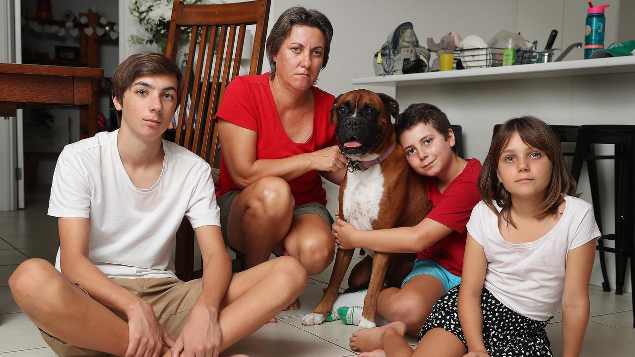 Catherine Frewer, widow of cyclist Cameron Frewer, with their three children Lachlan, Heidi and Oscar, and dog Herbie. Picture: Peter Wallis