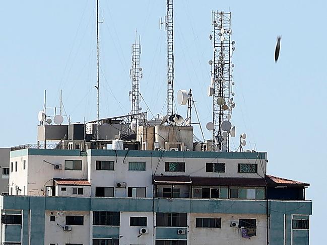 An air bomb hits the Jala Tower during an Israeli air strike in Gaza city controlled by Hamas. Picture: AFP