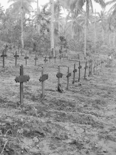 A section of one of the two 8th division cemeteries in the Tan Toey POW camp, Ambon Island, 1945. Source: Australian War Memorial