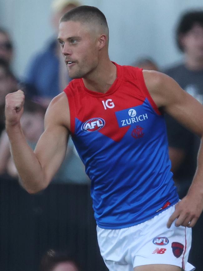 Josh Schache celebrates a goal for Melbourne.