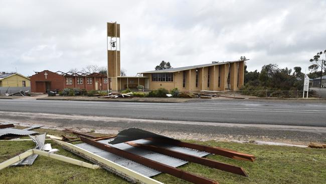 The blackout was caused by wild weather which tore across the state, knocking down 22 power pylons and causing a cascading electricity event which shut down wind farms and tripped the interconnector to Victoria. Blyth was one of the areas hardest hit by the storm. Picture: David Mariuz/AAP