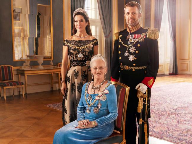 Her Majesty Queen Margrethe II of Denmark with Crown Prince Frederik and Crown Princess Mary in a portrait released as part of the Queen's 50th Anniversary. Picture: Per Morten Abrahamsen/Royal House