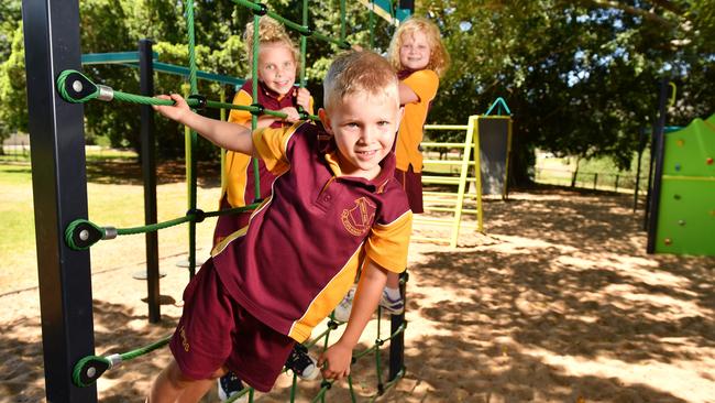 Hermit Park State School have a new Ninja Warrior playground. Students Ivy Moule 8, Lachlan Goldburg 6 and Charlotte Talbot 9. Picture: Alix Sweeney