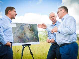 PROGRESS: Minister Cameron Dick, Member for Gladstone Glenn Butcher and Acciona managing director Brett Wickham. Picture: Mike Richards GLA130418SLAR